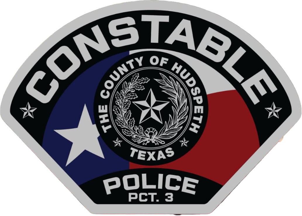 A badge for "Constable, The County of Hudspeth, Texas, Police Pct. 3" featuring a Texas flag background, a five-point star in the center surrounded by a laurel, and smaller stars on the edges. The badge design is bold with a black, white, and red theme.